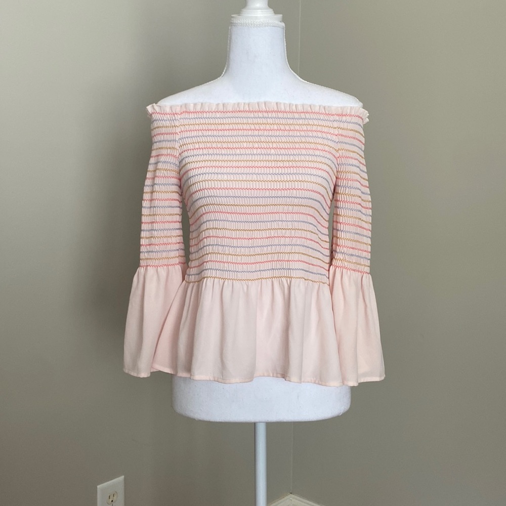 Pale Pink Off the Shoulder Fitted Top with Bell Sleeves